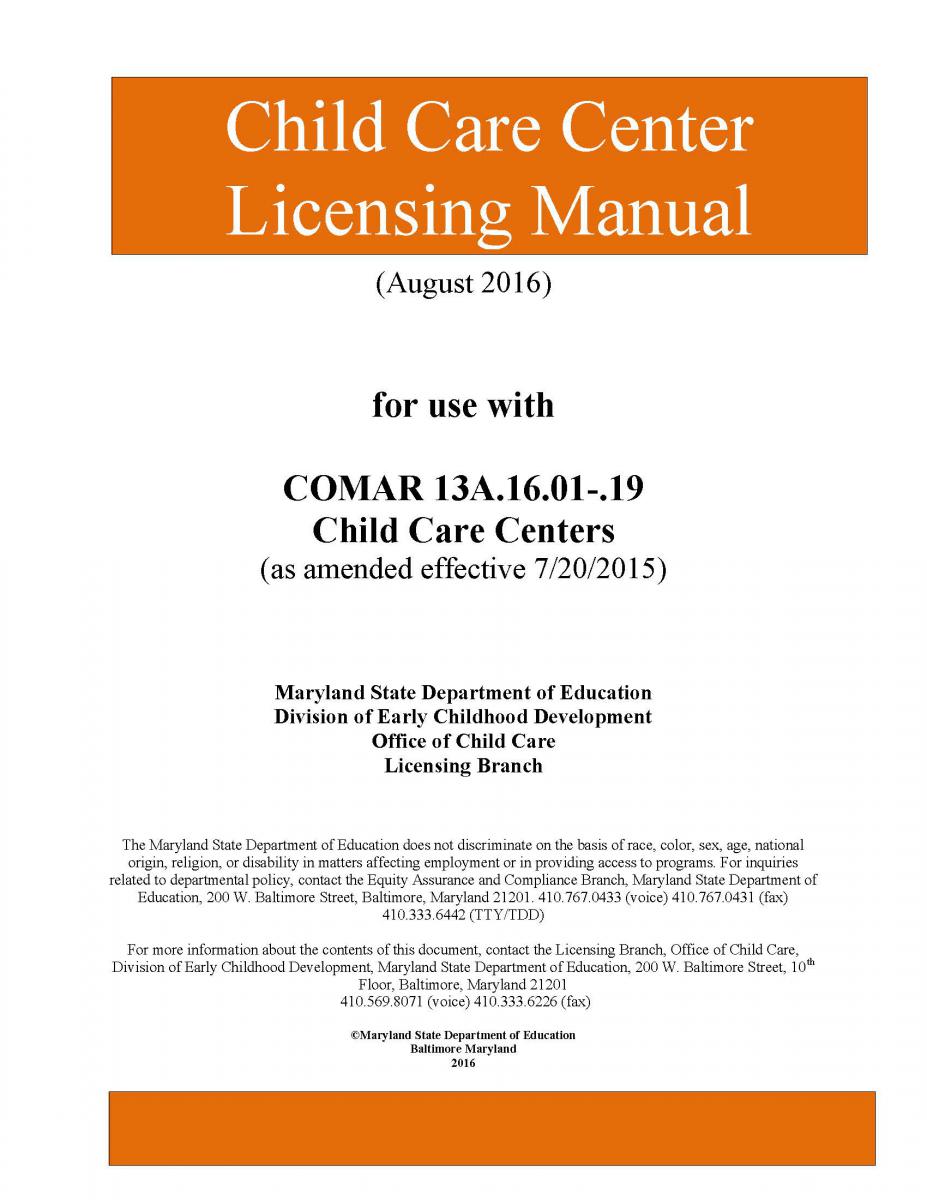 Child Care Center Licensing Manual Cover