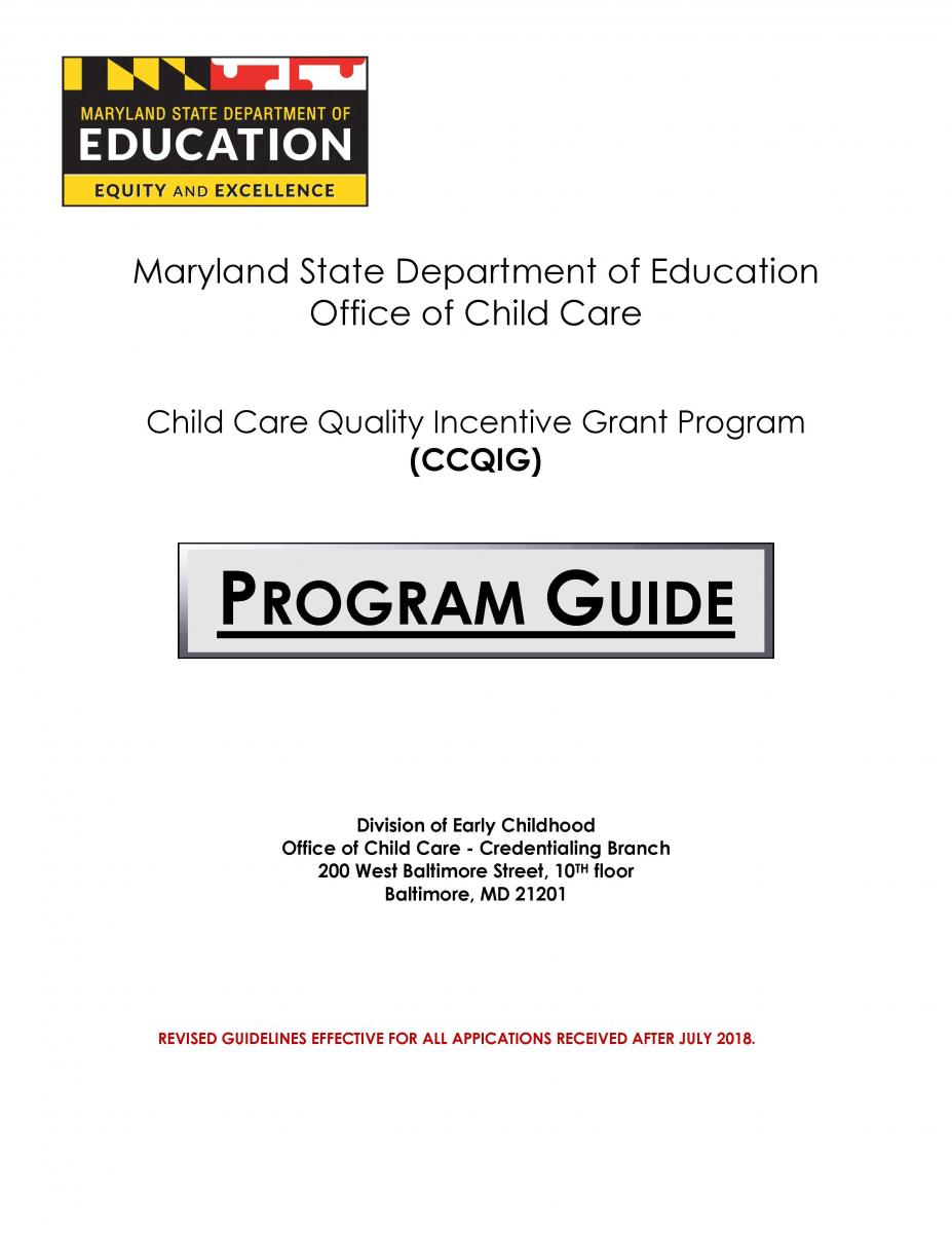 Child Care Quality Incentive Grant Program Guide Cover